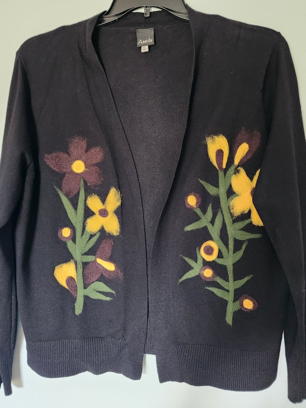 Aveda Black Floral Embroidered Open Cardigan Sweater - Black/Yellow/Brown